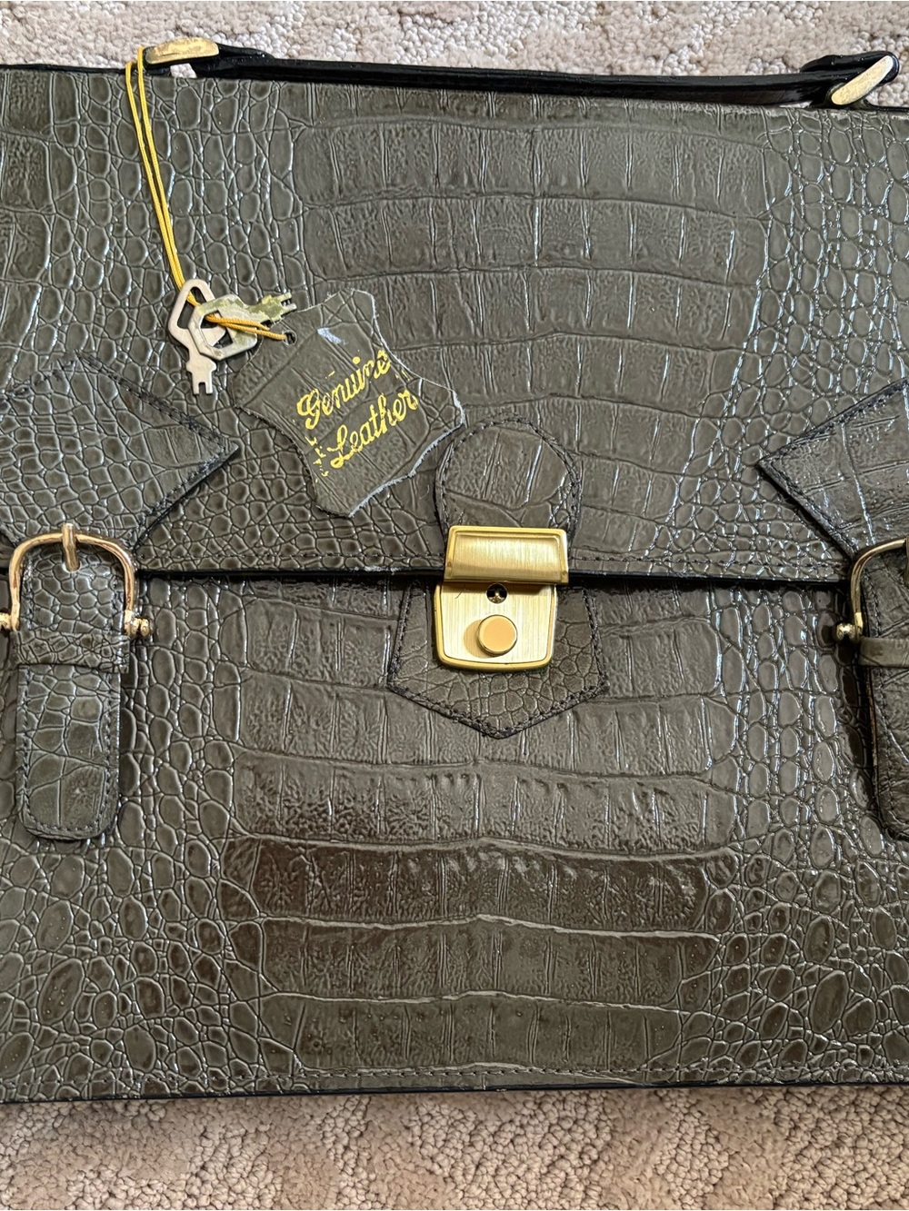 Genuine Leather Croc-Embossed Satchel Handbag in Dark Olive briefcase Vintage
